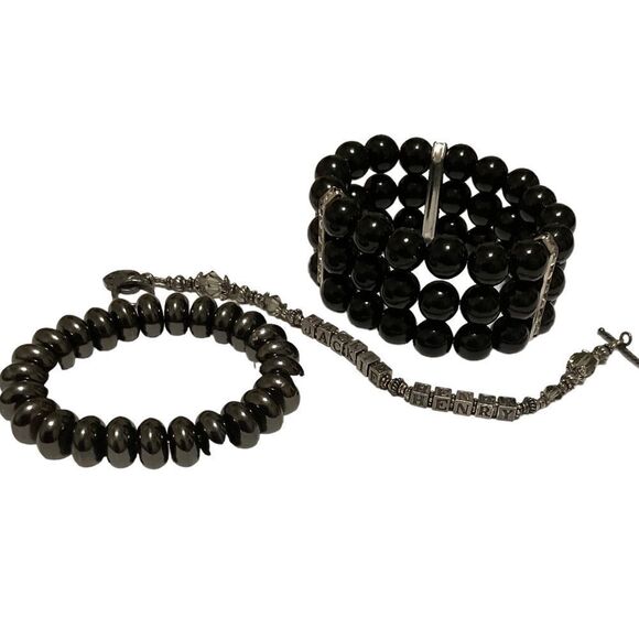 Lot of 3 Silver Black Bracelets - Picture 1 of 7